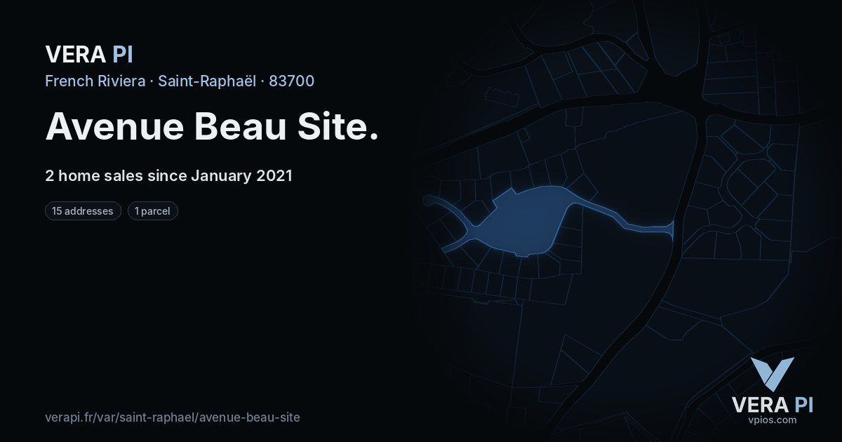 Avenue Beau Site, Saint-Raphaël at night – every parcel coloured by the prices around it, the street's own parcels lit