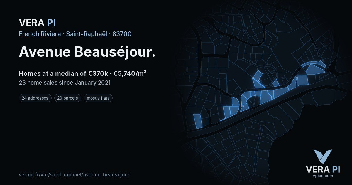Avenue Beauséjour, Saint-Raphaël at night – every parcel coloured by the prices around it, the street's own parcels lit