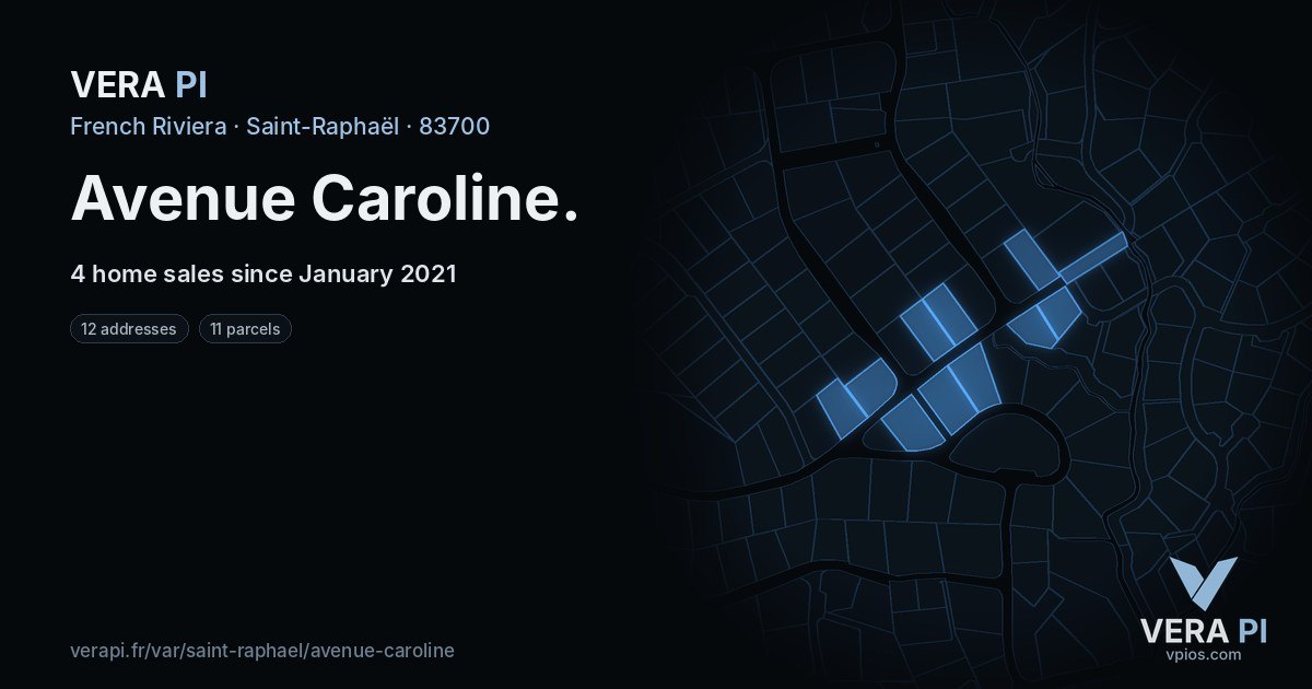 Avenue Caroline, Saint-Raphaël at night – every parcel coloured by the prices around it, the street's own parcels lit
