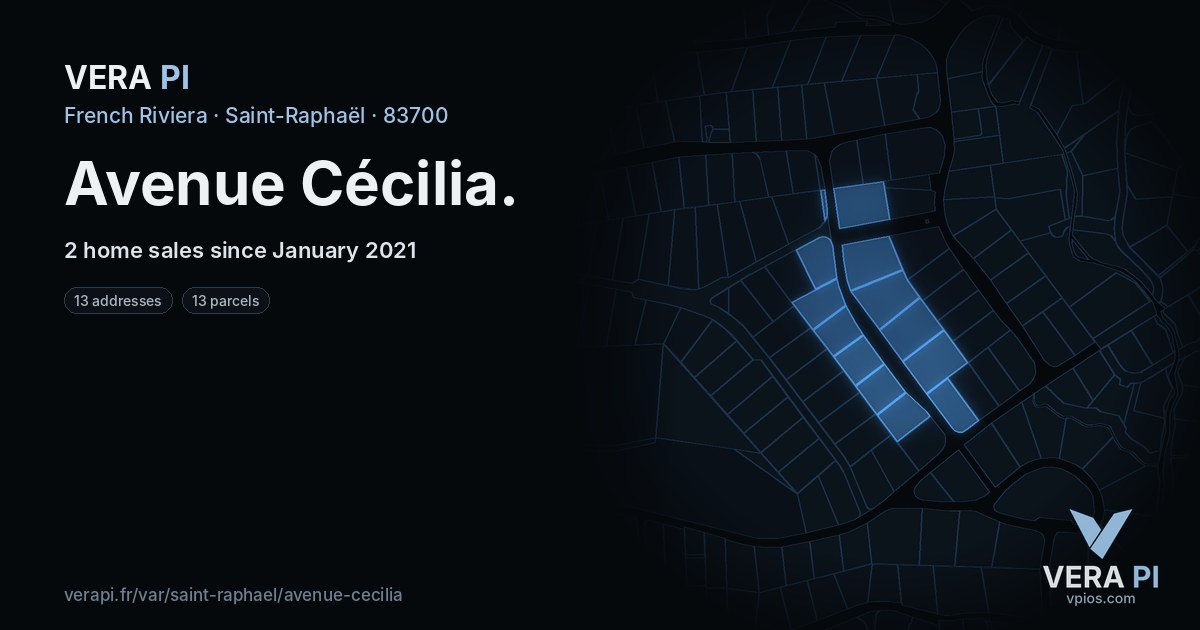 Avenue Cécilia, Saint-Raphaël at night – every parcel coloured by the prices around it, the street's own parcels lit