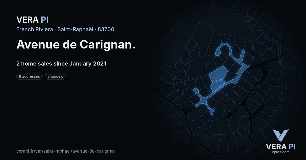 Avenue de Carignan, Saint-Raphaël at night – every parcel coloured by the prices around it, the street's own parcels lit