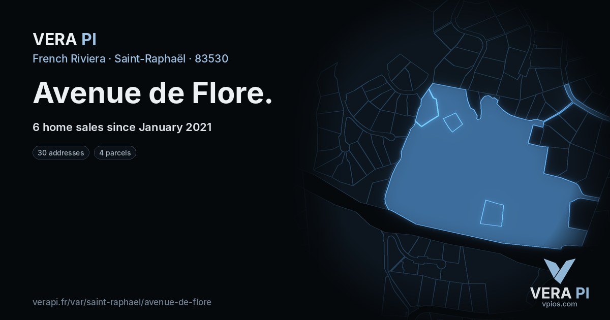 Avenue de Flore, Saint-Raphaël at night – every parcel coloured by the prices around it, the street's own parcels lit
