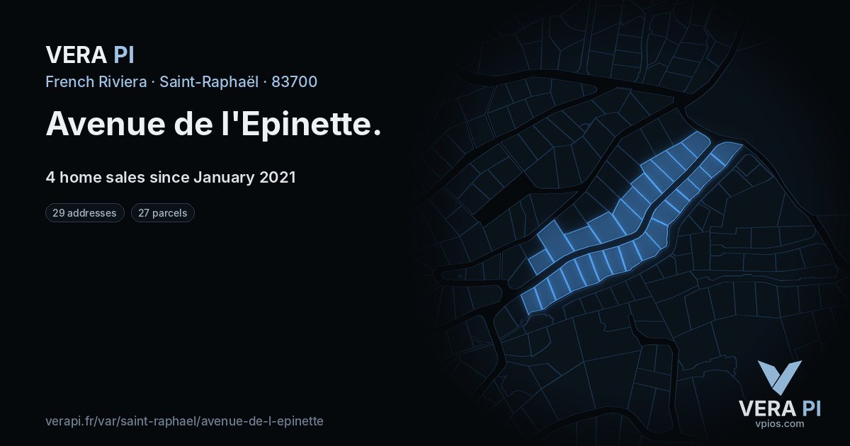 Avenue de l'Epinette, Saint-Raphaël at night – every parcel coloured by the prices around it, the street's own parcels lit