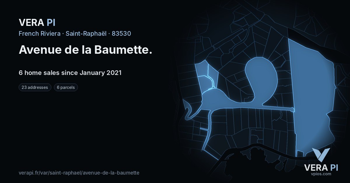 Avenue de la Baumette, Saint-Raphaël at night – every parcel coloured by the prices around it, the street's own parcels lit