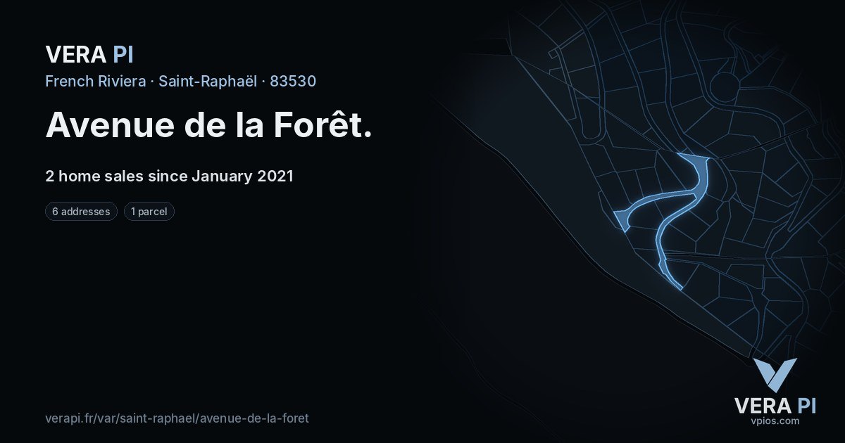 Avenue de la Forêt, Saint-Raphaël at night – every parcel coloured by the prices around it, the street's own parcels lit