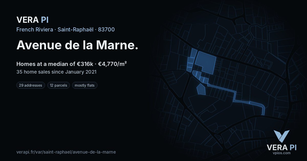 Avenue de la Marne, Saint-Raphaël at night – every parcel coloured by the prices around it, the street's own parcels lit