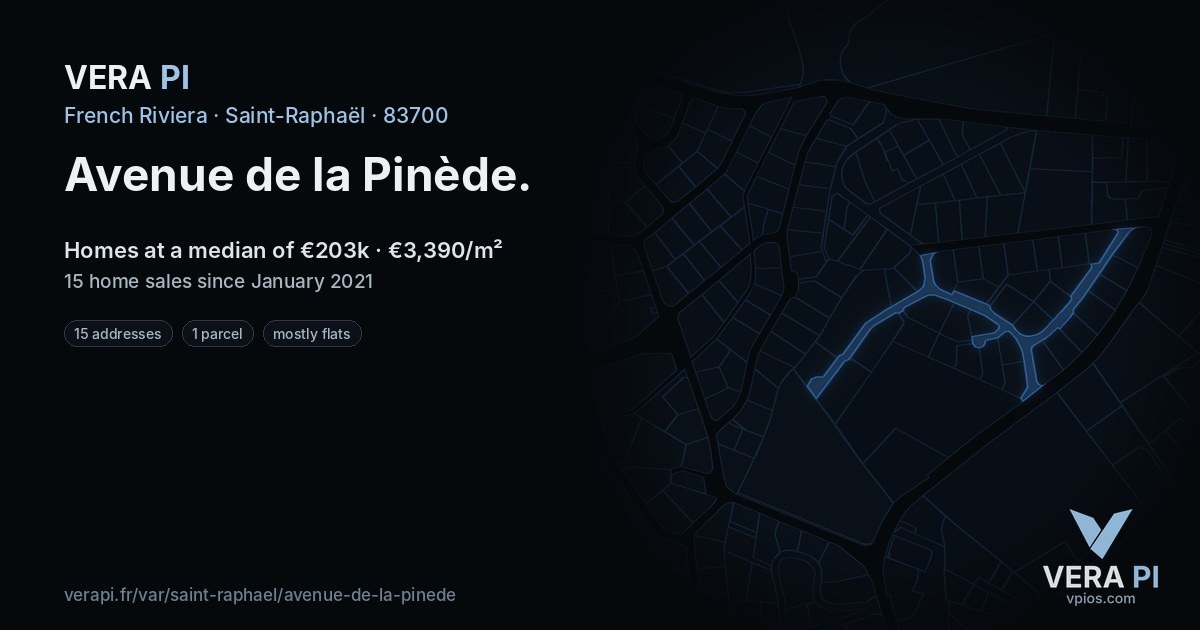 Avenue de la Pinède, Saint-Raphaël at night – every parcel coloured by the prices around it, the street's own parcels lit