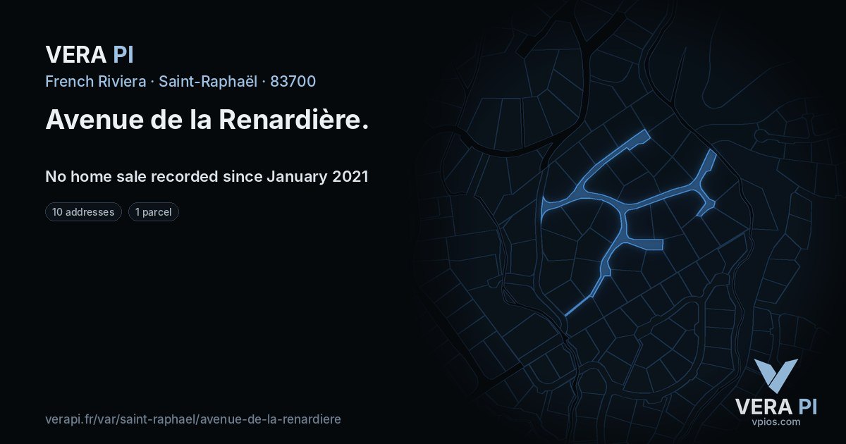 Avenue de la Renardière, Saint-Raphaël at night – every parcel coloured by the prices around it, the street's own parcels lit