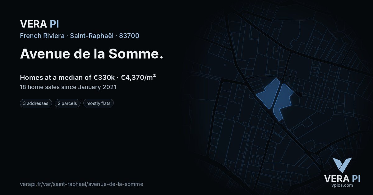 Avenue de la Somme, Saint-Raphaël at night – every parcel coloured by the prices around it, the street's own parcels lit
