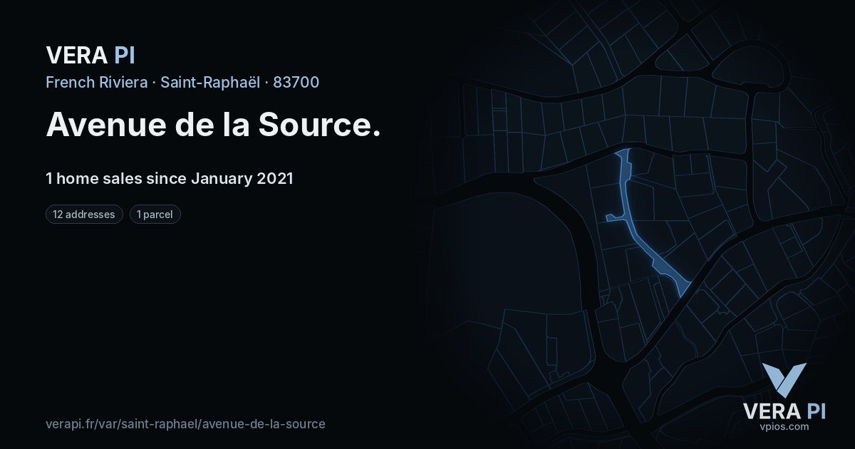 Avenue de la Source, Saint-Raphaël at night – every parcel coloured by the prices around it, the street's own parcels lit