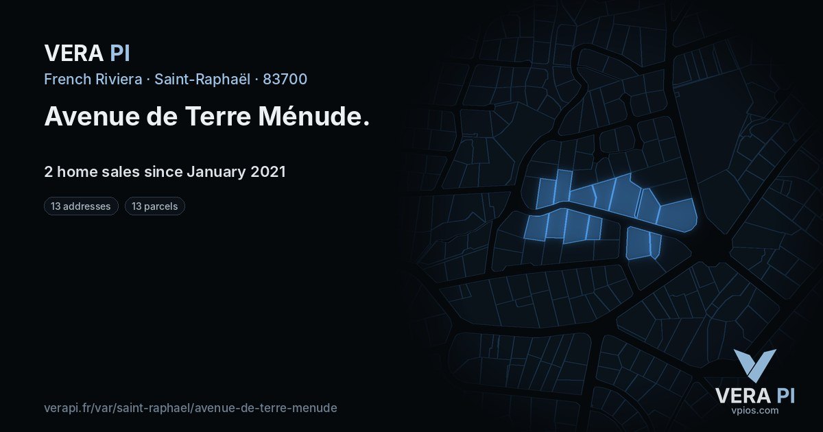 Avenue de Terre Ménude, Saint-Raphaël at night – every parcel coloured by the prices around it, the street's own parcels lit
