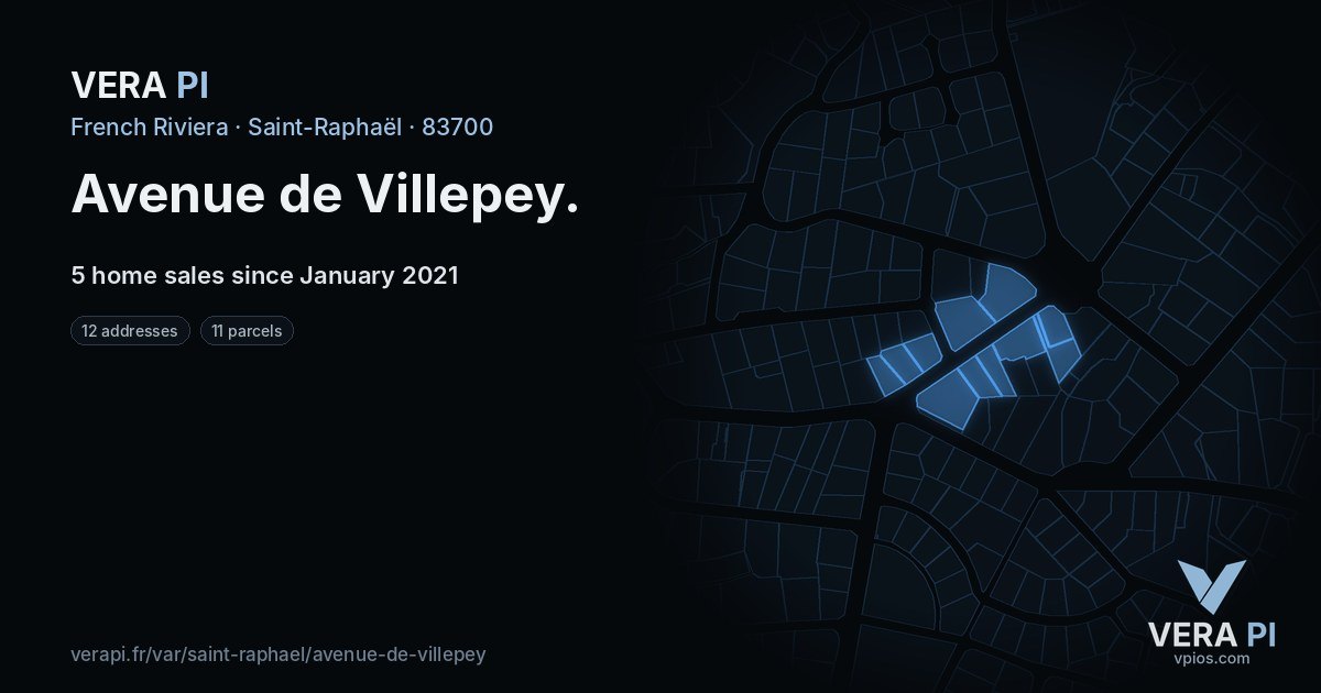 Avenue de Villepey, Saint-Raphaël at night – every parcel coloured by the prices around it, the street's own parcels lit