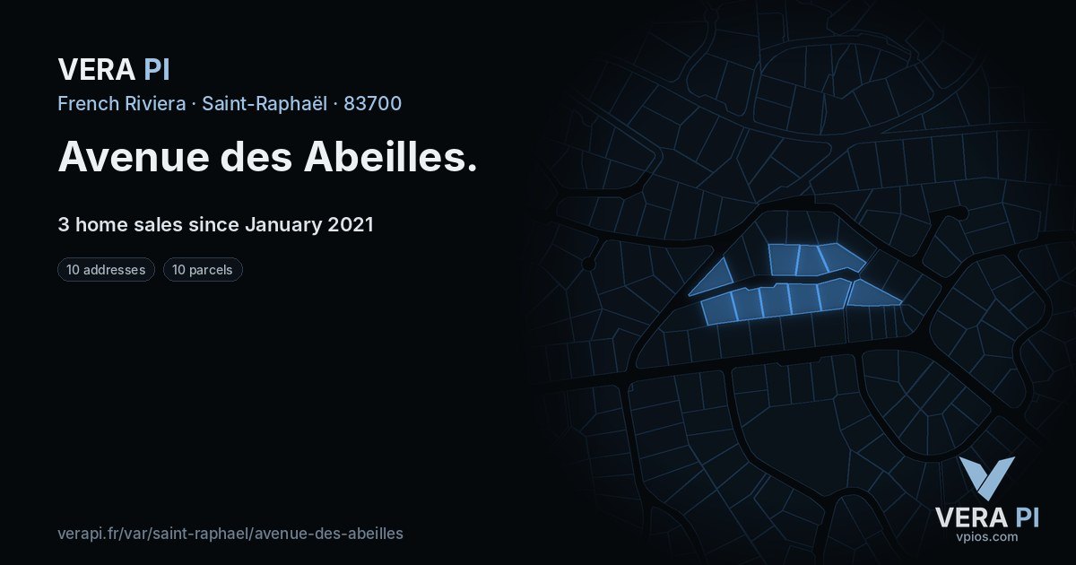 Avenue des Abeilles, Saint-Raphaël at night – every parcel coloured by the prices around it, the street's own parcels lit