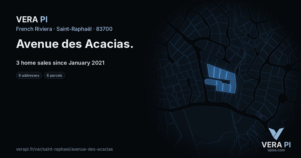 Avenue des Acacias, Saint-Raphaël at night – every parcel coloured by the prices around it, the street's own parcels lit