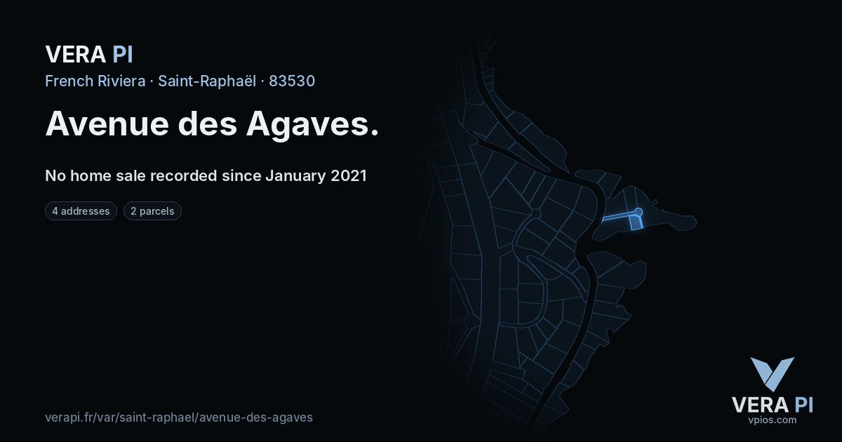 Avenue des Agaves, Saint-Raphaël at night – every parcel coloured by the prices around it, the street's own parcels lit