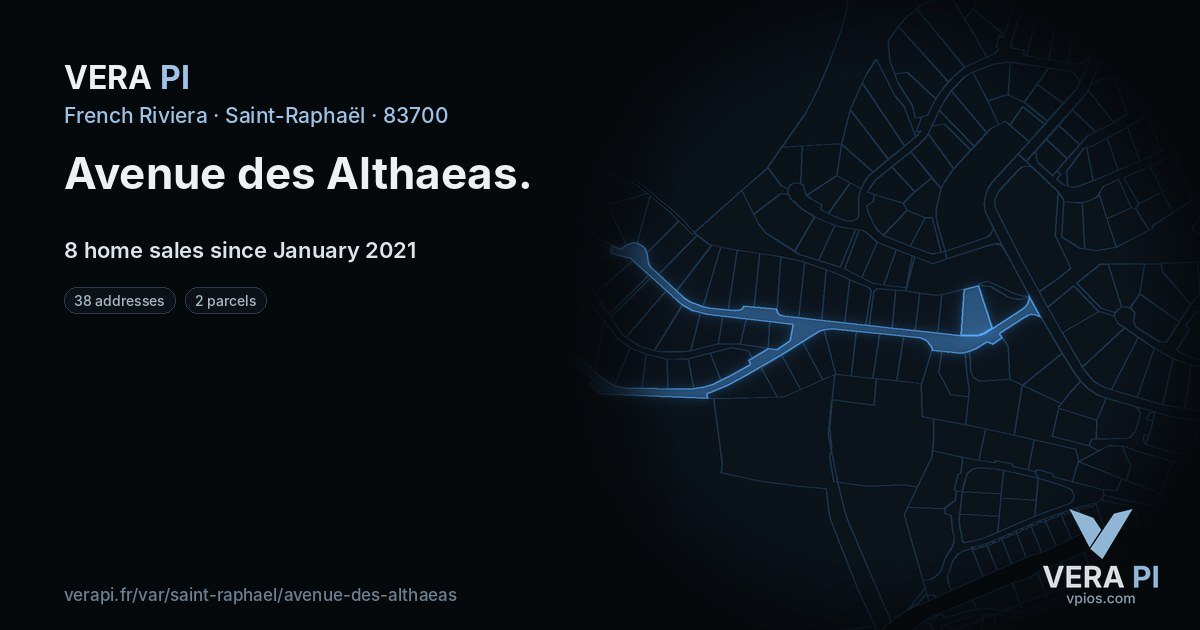 Avenue des Althaeas, Saint-Raphaël at night – every parcel coloured by the prices around it, the street's own parcels lit