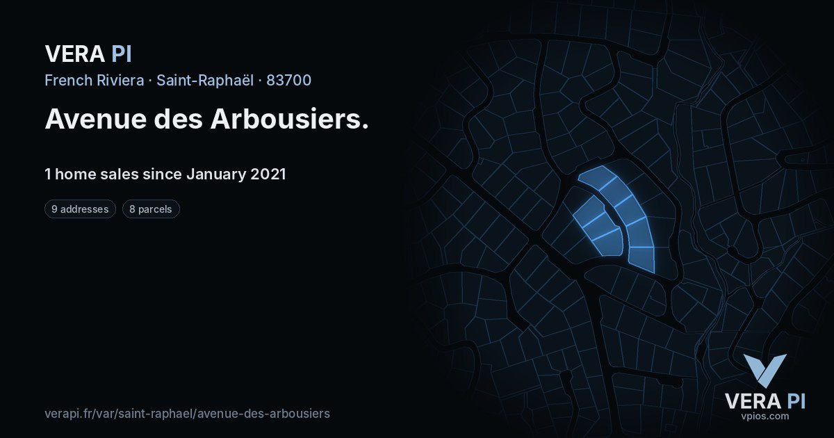 Avenue des Arbousiers, Saint-Raphaël at night – every parcel coloured by the prices around it, the street's own parcels lit