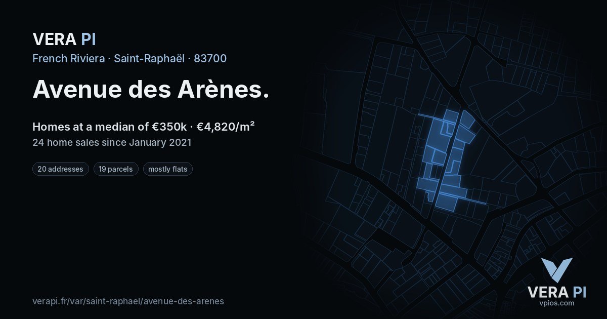 Avenue des Arènes, Saint-Raphaël at night – every parcel coloured by the prices around it, the street's own parcels lit