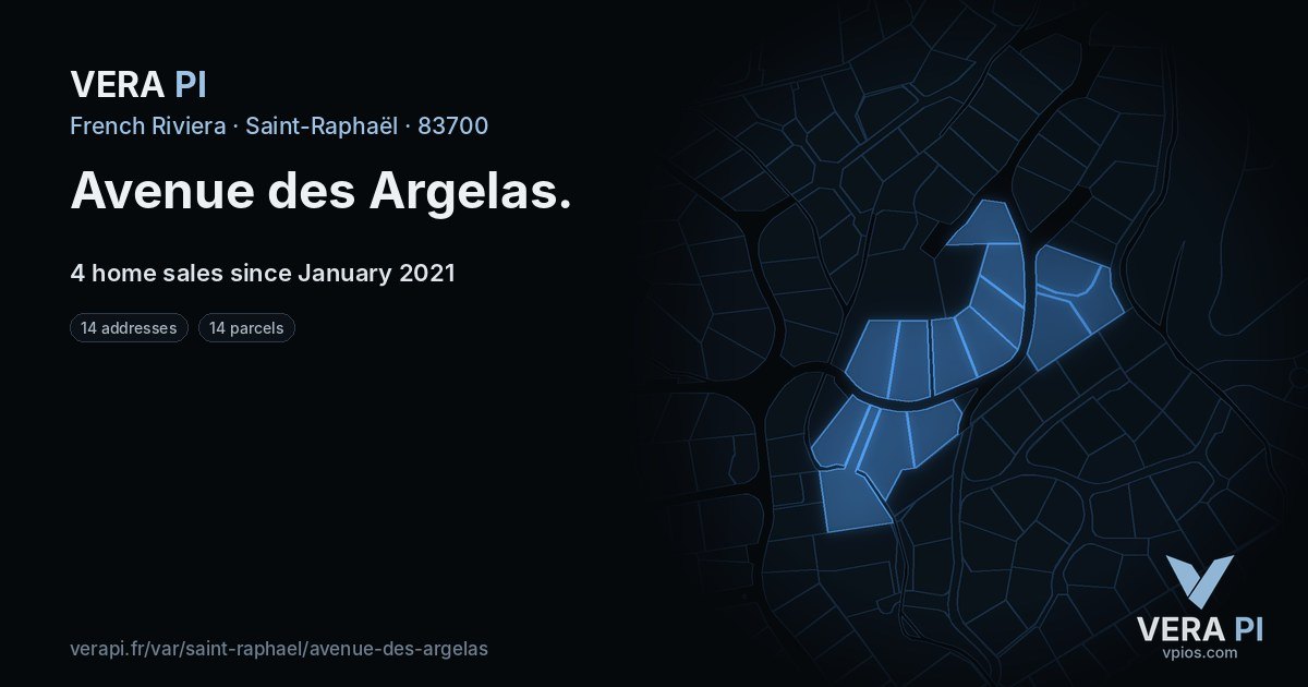 Avenue des Argelas, Saint-Raphaël at night – every parcel coloured by the prices around it, the street's own parcels lit