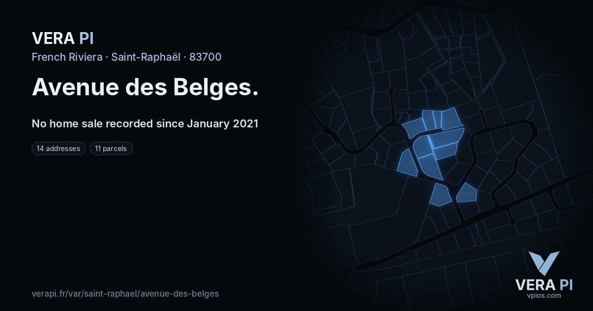 Avenue des Belges, Saint-Raphaël at night – every parcel coloured by the prices around it, the street's own parcels lit