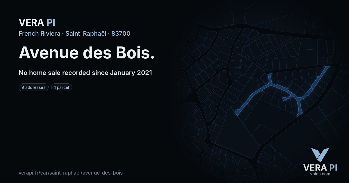 Avenue des Bois, Saint-Raphaël at night – every parcel coloured by the prices around it, the street's own parcels lit