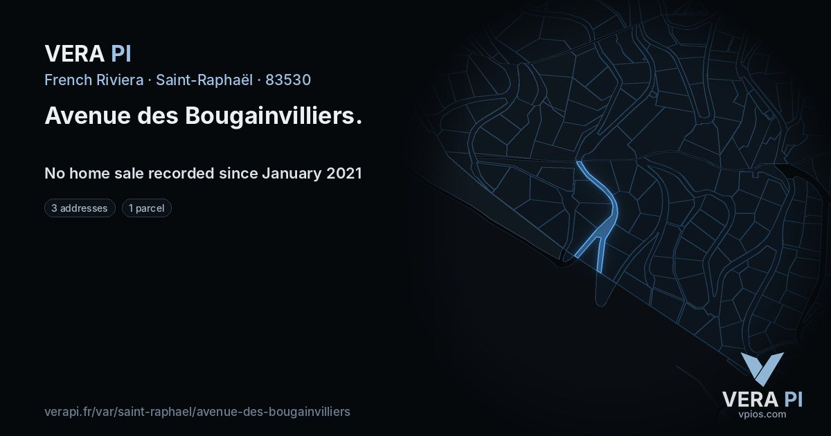 Avenue des Bougainvilliers, Saint-Raphaël at night – every parcel coloured by the prices around it, the street's own parcels lit