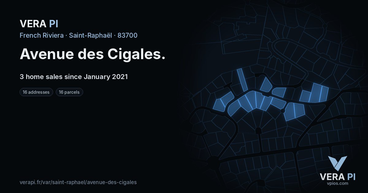 Avenue des Cigales, Saint-Raphaël at night – every parcel coloured by the prices around it, the street's own parcels lit