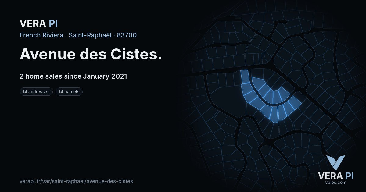 Avenue des Cistes, Saint-Raphaël at night – every parcel coloured by the prices around it, the street's own parcels lit