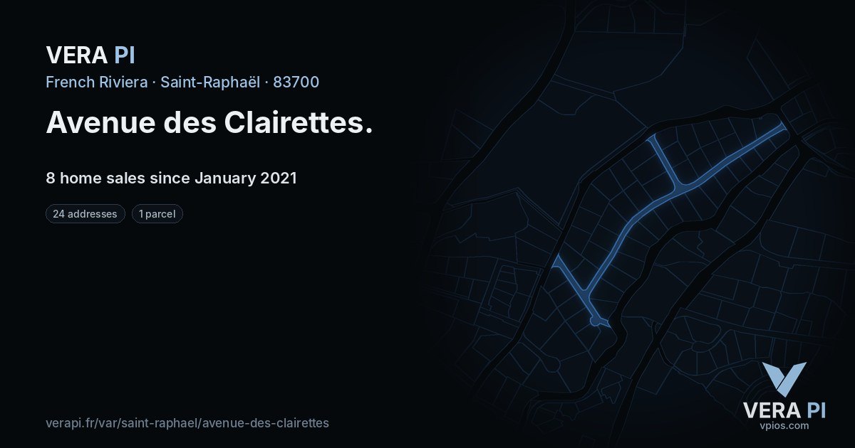 Avenue des Clairettes, Saint-Raphaël at night – every parcel coloured by the prices around it, the street's own parcels lit