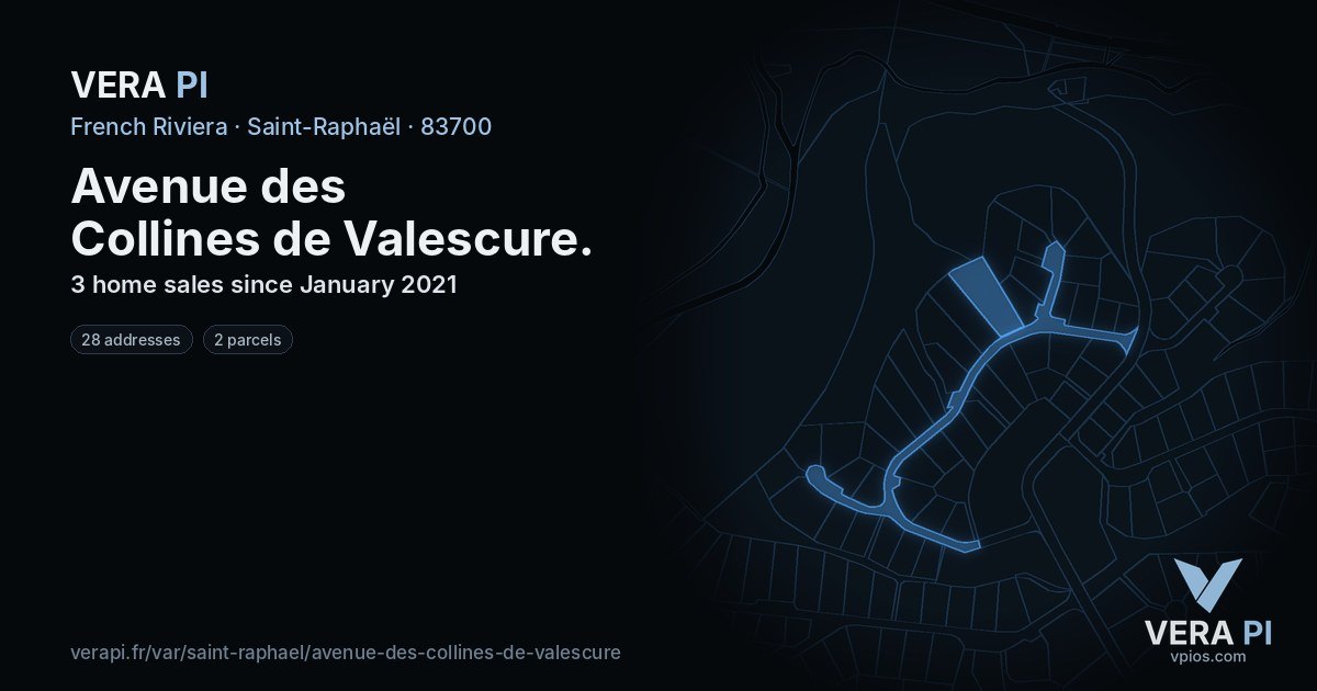 Avenue des Collines de Valescure, Saint-Raphaël at night – every parcel coloured by the prices around it, the street's own parcels lit