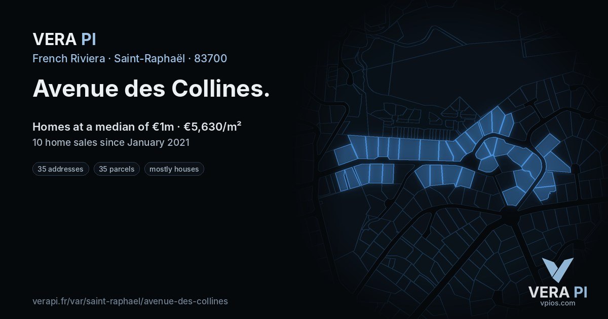Avenue des Collines, Saint-Raphaël at night – every parcel coloured by the prices around it, the street's own parcels lit