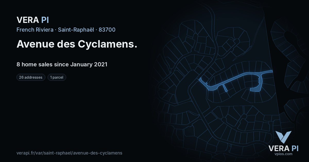 Avenue des Cyclamens, Saint-Raphaël at night – every parcel coloured by the prices around it, the street's own parcels lit