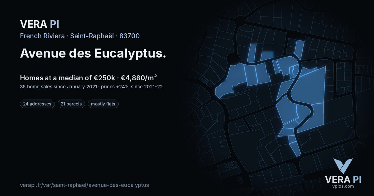 Avenue des Eucalyptus, Saint-Raphaël at night – every parcel coloured by the prices around it, the street's own parcels lit