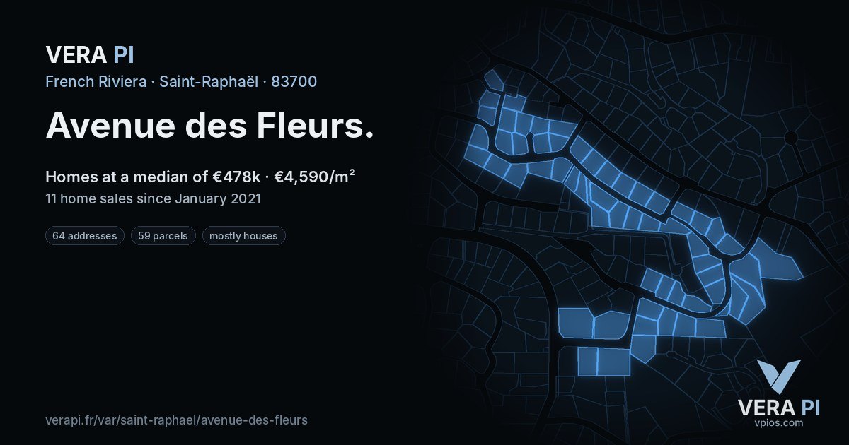 Avenue des Fleurs, Saint-Raphaël at night – every parcel coloured by the prices around it, the street's own parcels lit