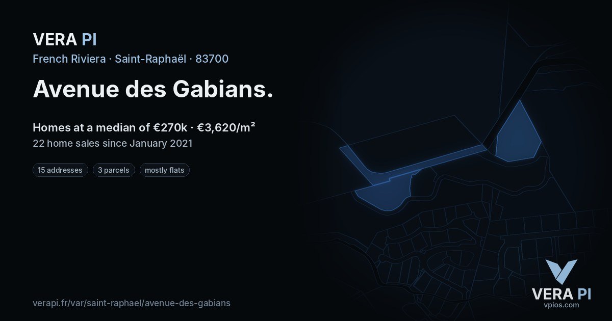 Avenue des Gabians, Saint-Raphaël at night – every parcel coloured by the prices around it, the street's own parcels lit