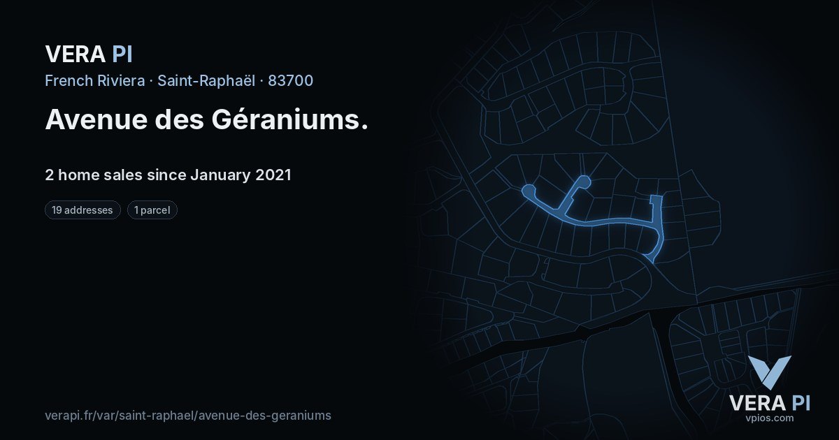 Avenue des Géraniums, Saint-Raphaël at night – every parcel coloured by the prices around it, the street's own parcels lit