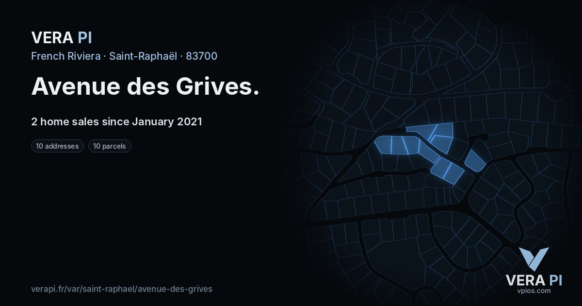 Avenue des Grives, Saint-Raphaël at night – every parcel coloured by the prices around it, the street's own parcels lit