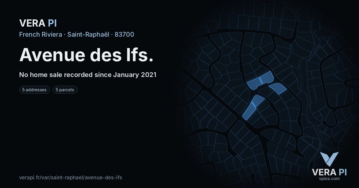 Avenue des Ifs, Saint-Raphaël at night – every parcel coloured by the prices around it, the street's own parcels lit