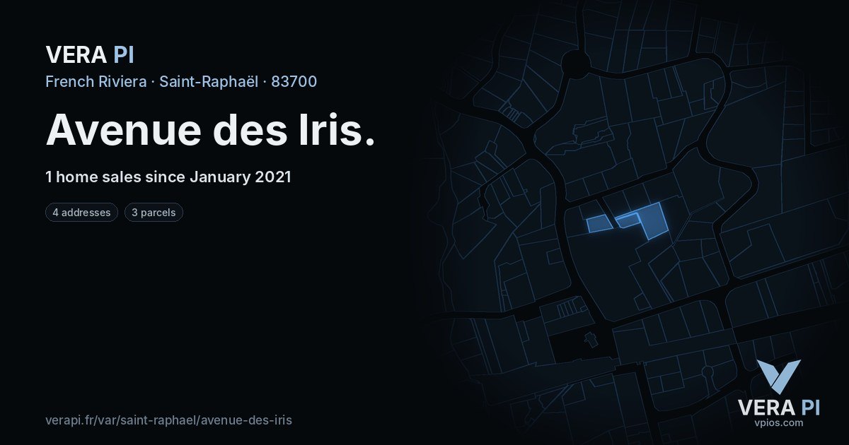 Avenue des Iris, Saint-Raphaël at night – every parcel coloured by the prices around it, the street's own parcels lit