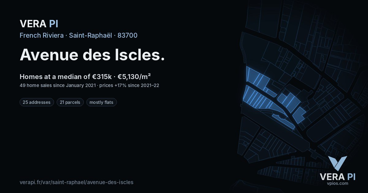 Avenue des Iscles, Saint-Raphaël at night – every parcel coloured by the prices around it, the street's own parcels lit