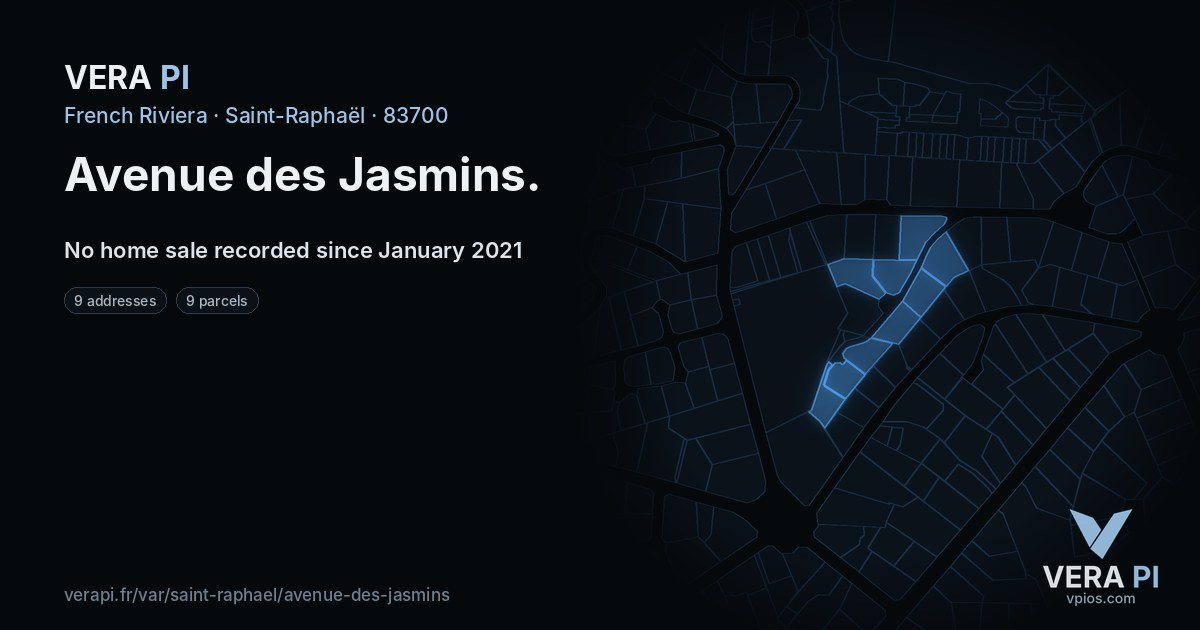Avenue des Jasmins, Saint-Raphaël at night – every parcel coloured by the prices around it, the street's own parcels lit