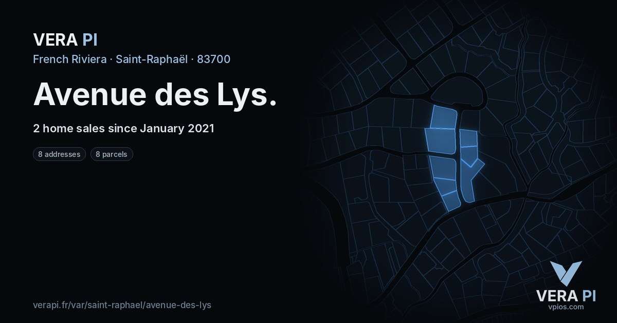 Avenue des Lys, Saint-Raphaël at night – every parcel coloured by the prices around it, the street's own parcels lit