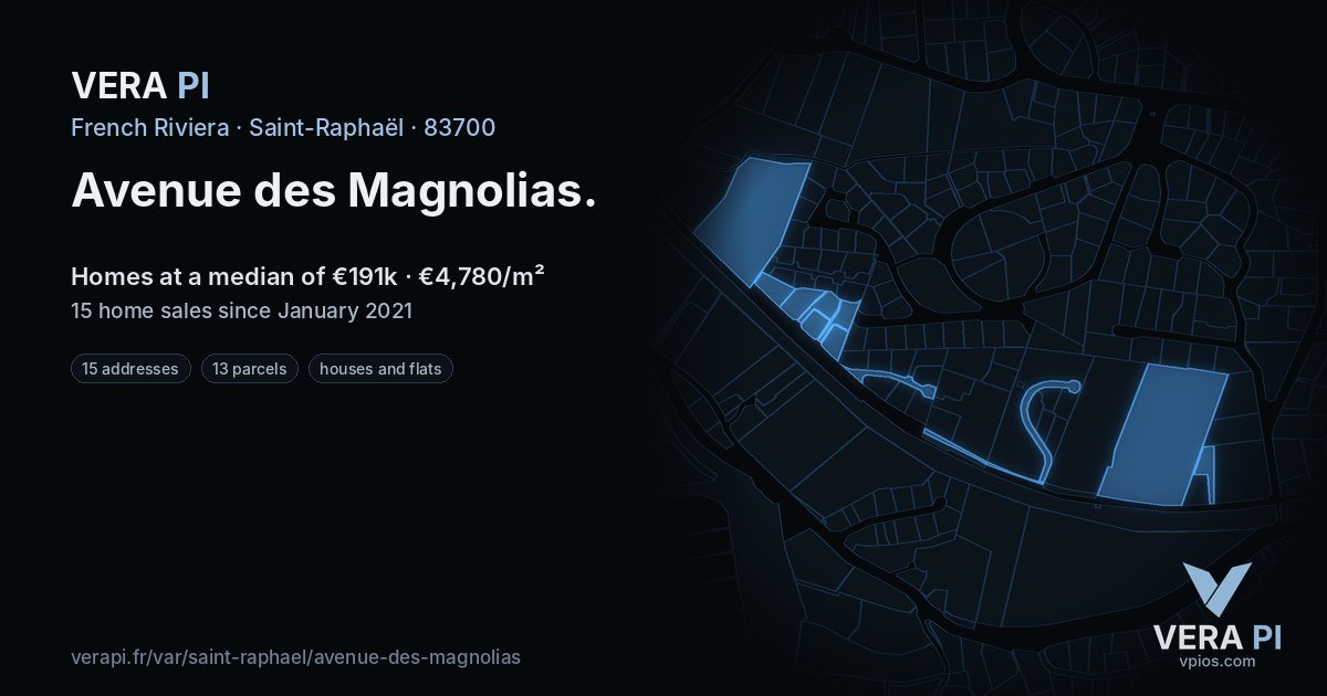 Avenue des Magnolias, Saint-Raphaël at night – every parcel coloured by the prices around it, the street's own parcels lit