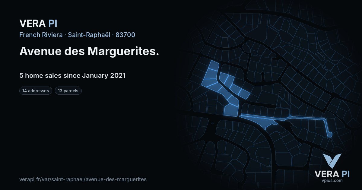 Avenue des Marguerites, Saint-Raphaël at night – every parcel coloured by the prices around it, the street's own parcels lit