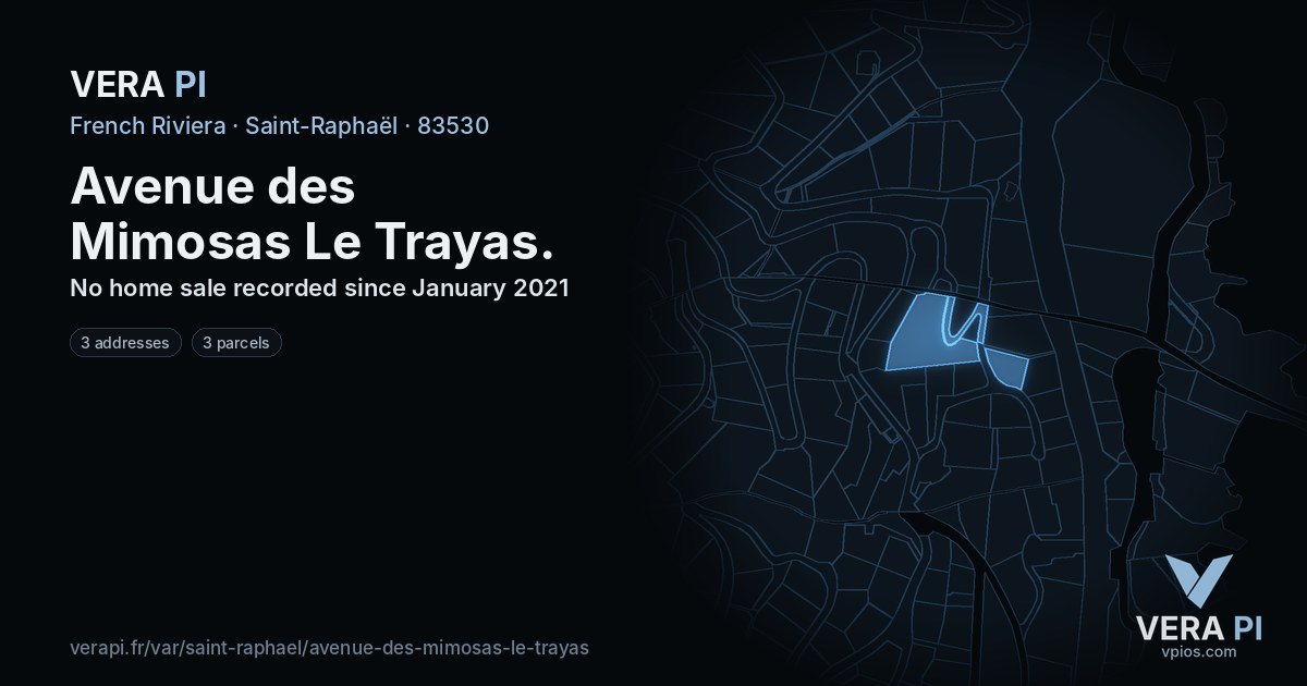 Avenue des Mimosas Le Trayas, Saint-Raphaël at night – every parcel coloured by the prices around it, the street's own parcels lit