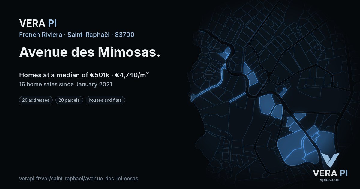 Avenue des Mimosas, Saint-Raphaël at night – every parcel coloured by the prices around it, the street's own parcels lit