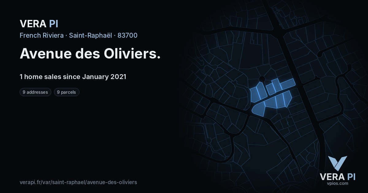 Avenue des Oliviers, Saint-Raphaël at night – every parcel coloured by the prices around it, the street's own parcels lit