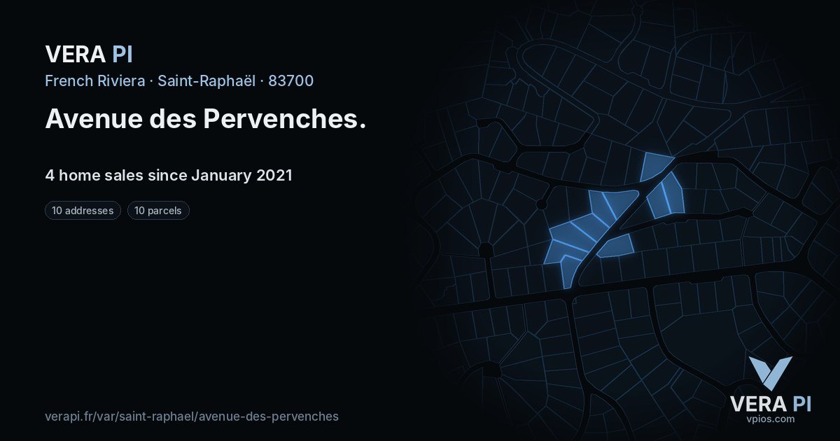 Avenue des Pervenches, Saint-Raphaël at night – every parcel coloured by the prices around it, the street's own parcels lit