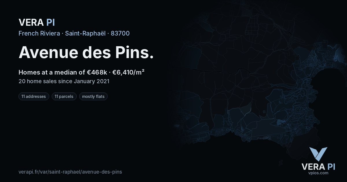 Avenue des Pins, Saint-Raphaël at night – every parcel coloured by the prices around it, the street's own parcels lit