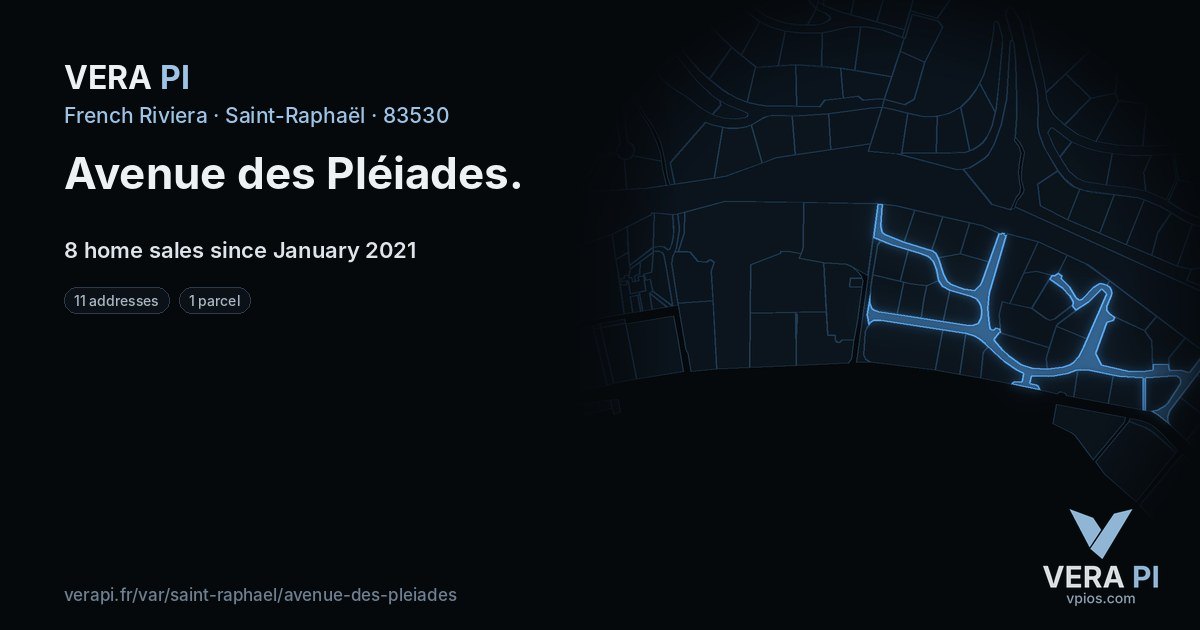 Avenue des Pléiades, Saint-Raphaël at night – every parcel coloured by the prices around it, the street's own parcels lit